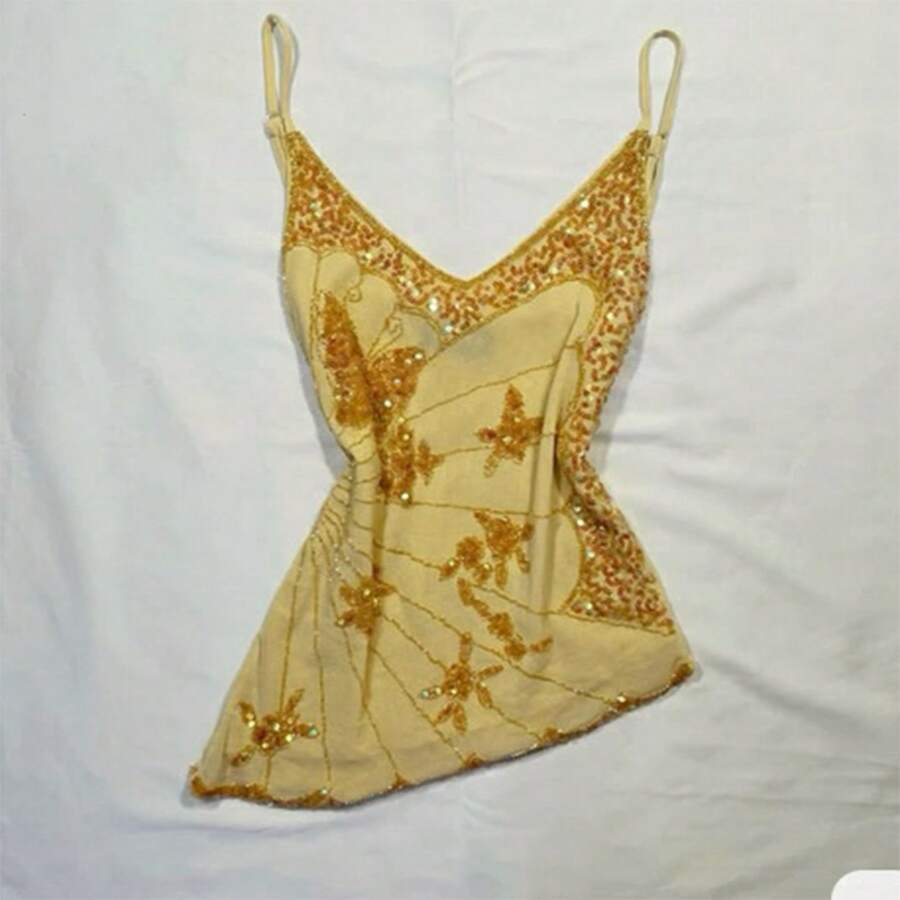Women V Neck Sequin Cami Top .Y See Through Strape Camisole Cute Beaded Top Going Out Party Outfits - 黃色 - 查看 1