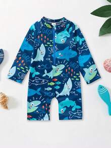 Baby Boys Print One-Piece Rash Guard, Long Sleeve Swimsuit, Quick Dry Beach Outfit For Spring/Summer Swimming Pool & Beach - Navy Blue - View 3