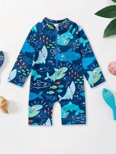 Baby Boys Print One-Piece Rash Guard, Long Sleeve Swimsuit, Quick Dry Beach Outfit For Spring/Summer Swimming Pool & Beach