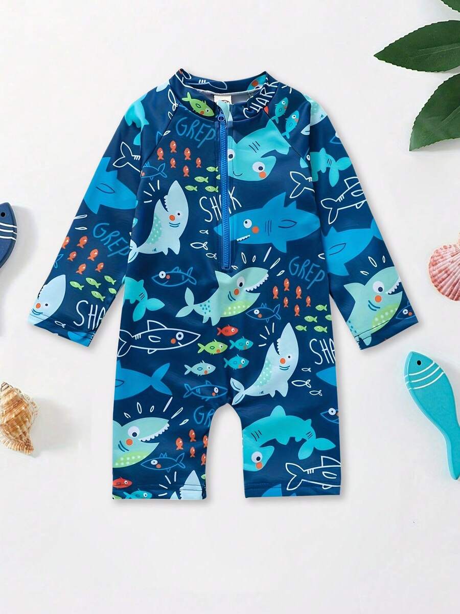 Baby Boys Print One-Piece Rash Guard, Long Sleeve Swimsuit, Quick Dry Beach Outfit For Spring/Summer Swimming Pool & Beach - Navy Blue - View 1