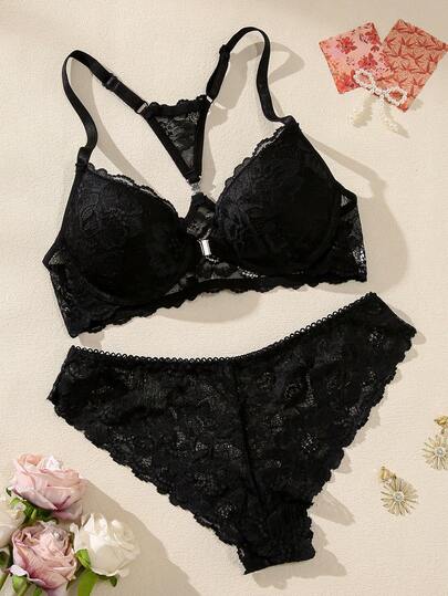 1套/2件装 女士前扣式钢圈聚拢蕾丝后背文胸套装 - 塑形防下垂，丰胸，性感舒适，适合日常及特殊场合