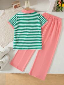 2pcs Girls Casual Striped Patchwork Collar Button Decor Short Sleeve Top And Solid Color Elastic Waist Pants Set, Summer - Pink - View 2