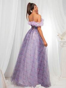 VIPGIRL Purple Off-Shoulder Elegant Mesh Slit Evening Gown Dress - Purple - View 2