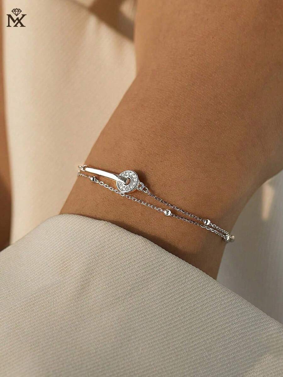 SYMFNY 1pc 925 Sterling Silver Double Layer Geometric Cubic Zirconia Round Charm Women's Bracelet, Minimalist Elegant Bracelet, Gift For Her, Fashion Jewelry