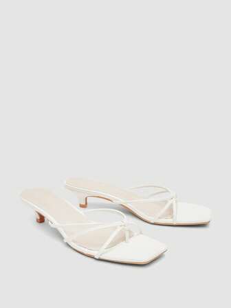 Women's High Heel Sandals, Square Heel Chunky Heel Glass Heel Fashion Slippers, White Sandals With Ankle Strap, Flip Flops With Toe Ring And Ankle Strap