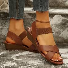 女士坡跟交叉编织休闲凉鞋，时尚百搭女士沙滩度假鞋 - 摩卡棕 - 查看 13