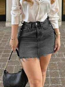 女士时尚迷你牛仔裙，水洗黑色，毛边下摆，休闲无弹力设计，夏季款 - 深灰色 - 查看 3