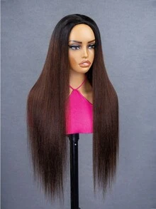 CURLYME Wear & Go Kinky Straight Half Wig 3合1假发，180%密度，14-16英寸波波头，18-28英寸长款，自然黑发根至红棕色渐变，真人发假发，隐形自然发际线，适合新手日常佩戴 - SNATURAL/33 - 查看 3