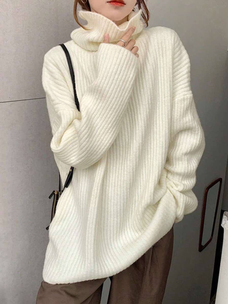 女士纯色休闲宽松高领长袖罗纹优雅毛衣,秋季 - 杏色 - 查看 1