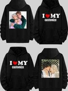 Customized Men's Hoodie With Heart Text And Photo Print On Back, Exclusive Valentine's Day Gift - Black - View 2