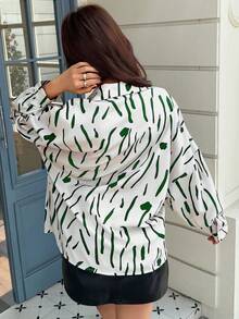 EARO Chic Women's Long Sleeve Green Abstract Pattern Shirt, Casual Loose Fit Top, Essential For Spring/Summer - Dark Green - View 2