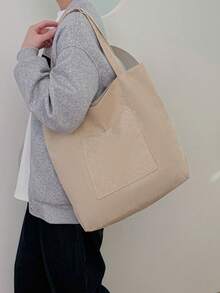 Solid Color Men's One Shoulder Tote Bag, Versatile Shopping Bag, Striped Large Capacity Canvas Bag - Beige - View 6