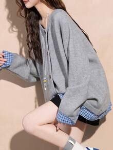 Alicedudu Women's Spring Casual Plaid Patchwork Faux Two-Piece Round Neck Knit Cardigan Sweater - Grey - View 3