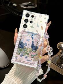 1pc Floral Painted Transparent Card Holder Wallet With Strawberry Bracelet, Thick Shockproof Phone Case Compatible With IPhone 17/17Pro/17ProMax/16/11/16Pro/16Plus/16ProMax, Galaxy S25/S25Plus/S25 Ultra/A16/A36/A26/A56/A50, 11/12Pro/12/12X/13Pro/14Pro/15Pro/X3Pro, Redmi 10/9/Note9/12C/Note11Pro/Note8Pro/9C/9A - Multicolor - View 2