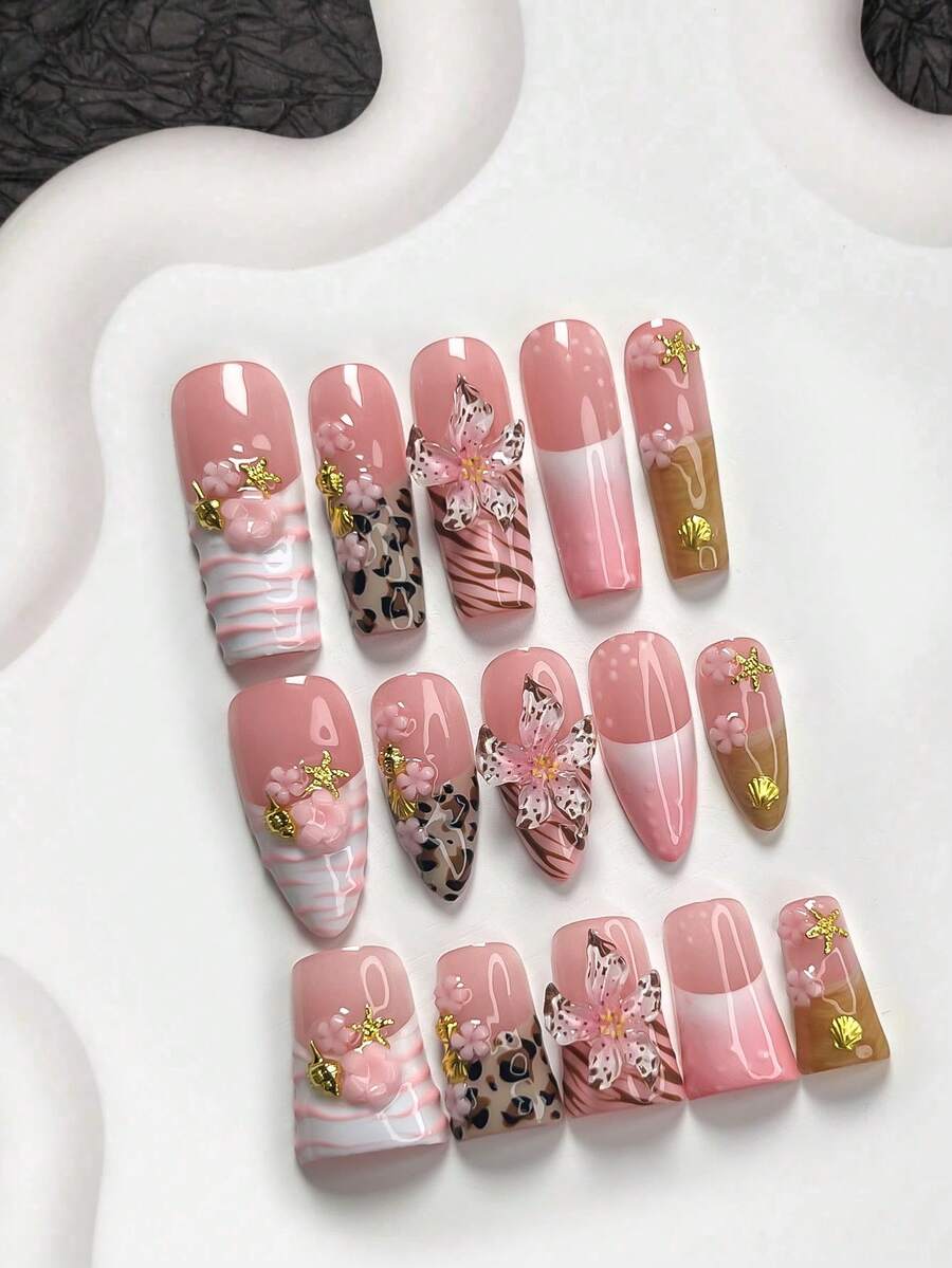 10pcs Romantic Pink Nail Stickers Set, Acrylic Nail Art Kit, Pink 5-Petal Flowers, Gold Starfish, Shells, Fish, White Mixed 5-Petal 3D Floral Nail Decorations, Brown Leopard Print, Pink Waterwave Nail Art Decals, Ombre Pink, Includes Nail Tools (1 Jelly Sticker + 1 Nail File) Nails Nail Supplies - 彩色 - 查看 1