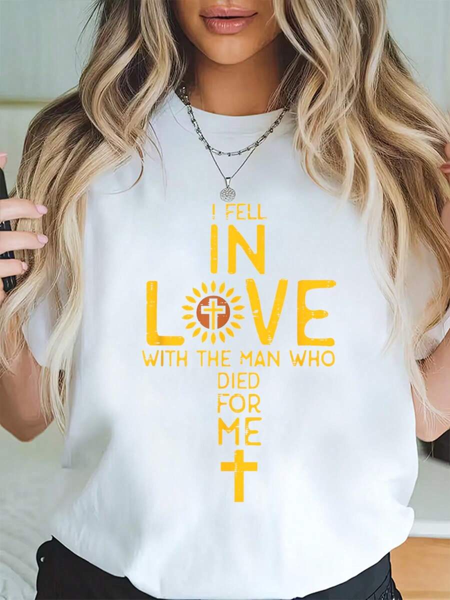 100% Algodón Enamorado Del Hombre Que Murió Por Mí Camiseta Cristiana Para Hombres Y Mujeres Camiseta De Algodón Impresa Para Verano, Top De Manga Corta Suave Para Mujeres, Camiseta Cómoda Y Elegante Para Mujeres Camisetas Gráficas - Blanco - Ver 1