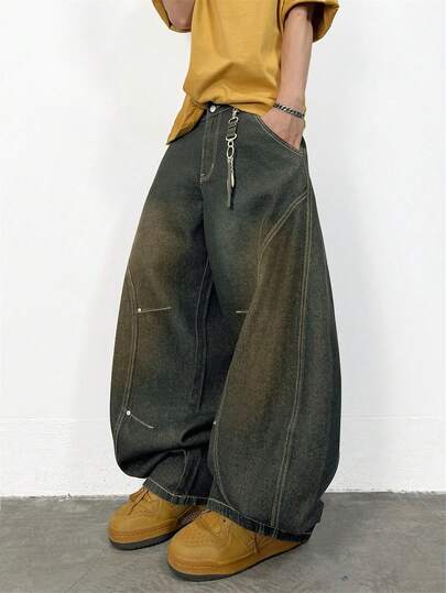 1件日式拼接男士弯刀宽松阔腿牛仔裤，舒适休闲宽松长裤（不含腰带和配饰）