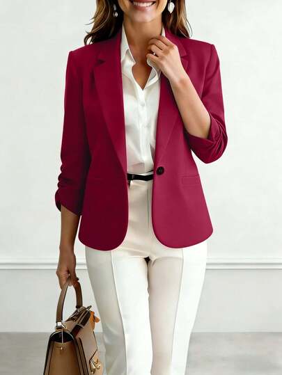 Blazer de mujer de manga 3/4 de color rojo, ajuste regular, cierre con botones, estilo casual elegante, tela de poliéster, chaqueta de traje