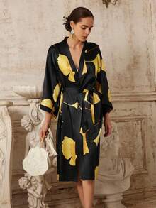 波西米亚风印花中长款七分袖和服罩衫薄外套，女士优雅欧美休闲罩衫，沙滩旅行度假羽织薄款浴袍腰带长袍 - 黑色 - 查看 3