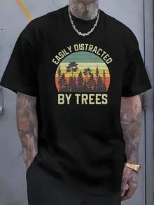 1pc Camiseta de Manga Corta para Hombre% Algodón - Negra Ropa Casual de Calle con Gráfico de Pino al Atardecer; Fácilmente Distraído por los Árboles Camiseta de Corte Regular con Cuello Redondo para Atuendo Casual; Regalos de Vacaciones. Ropa con temática de la naturaleza. Camisa de Ajuste Cómodo - Negro - Ver 7