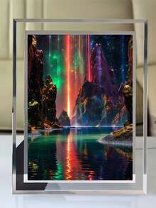 A Set Of Fantastical And Dazzling Diamond Painting Without Frames. The Scene Depicts A Mysterious Starry Sky, With Colorful Beams Of Light Cascading Over The Rippling Water Surface And Strange, Rugged Rocks, Creating A Visually Striking Effect. Suitable For Home, Bedroom, And Living Room Decor.