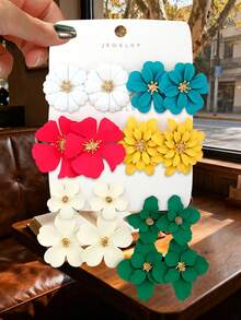 6对时尚优雅的彩色花卉吊坠耳环 - 彩色 - 查看 5