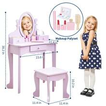 Tocador infantil con taburete, fabricado en madera, espejo regulable, cajones y accesorios, color morado - Lila Púrpura - Ver 7