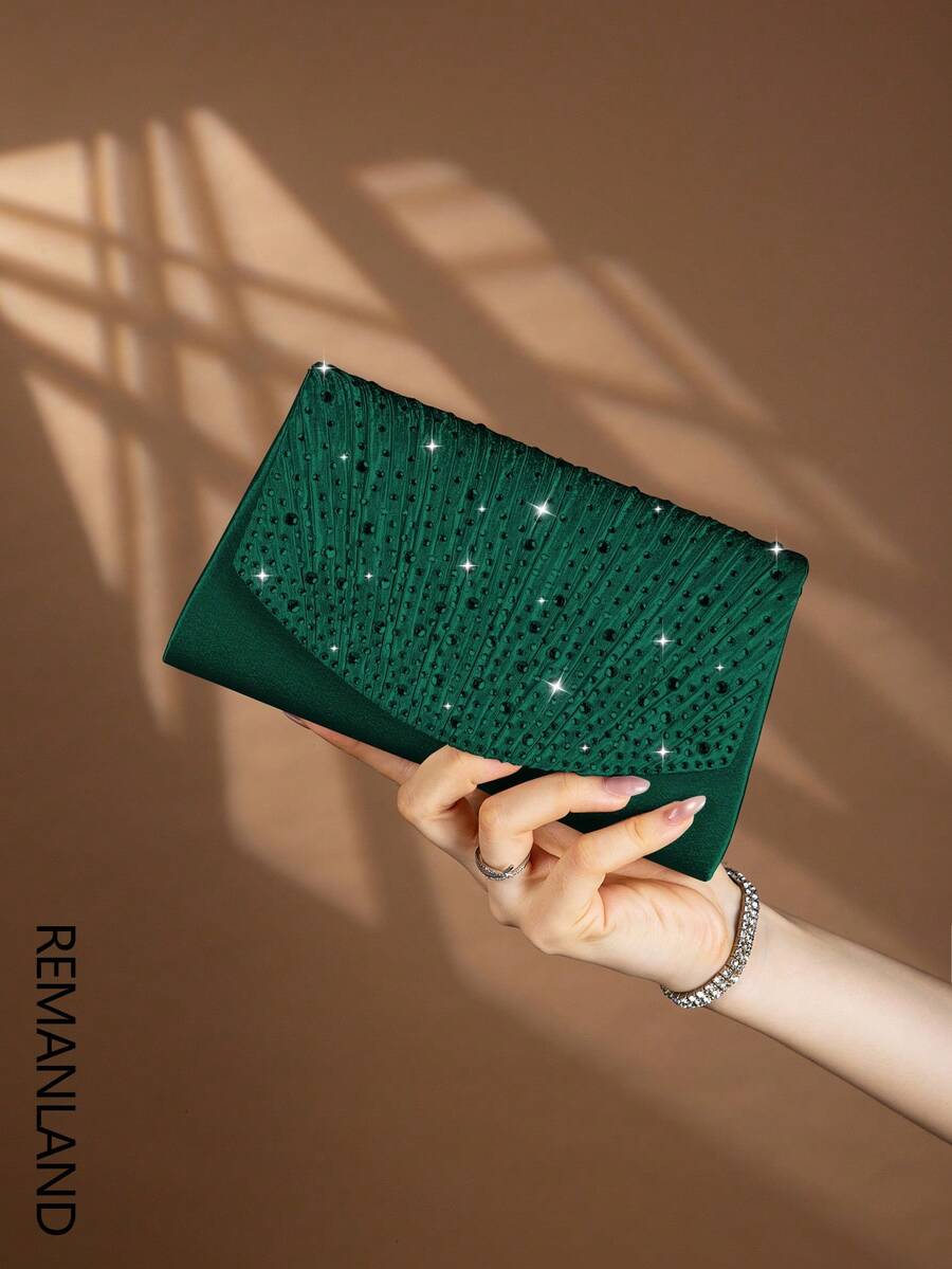 REMANLAND 1 chiếc túi xách nữ thanh lịch, xếp ly, đính đá lấp lánh, kiểu dáng thời trang, quyến rũ, thích hợp cho buổi tối, túi nhỏ hình vuông kiểu phong bì có khe đựng thẻ ẩn, túi đeo vai kèm dây xích kim loại có thể tháo rời, lý tưởng cho các cô gái dự tiệc, cô dâu và quà tặng ngày lễ.