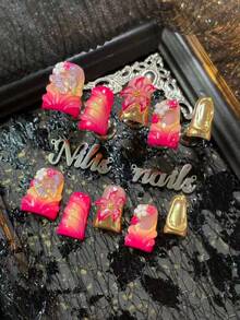 10件套短款鸭子美甲亚克力套装，包含玫瑰红、金色、粉色美甲贴片，玫瑰红金法式美甲，黄色扎染，3D立体花朵，蝴蝶，珠子美甲装饰，手绘几何图案粉末，Y2K风格美甲套装，适合女性和女孩，节日、日常、派对等场合，包含1个迷你指甲锉和1卷双面胶带。 - 玫紅色 - 查看 2