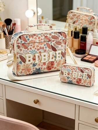 Stort bibelfodral för kvinnor, sminkväska med vit handduksbroderi, kuvertväska, bibelstudiematerial, stort bibelfodral för kvinnor, blommig chenillebokstäverdesign, kristna presenter till flickamamma, för familj, vänner, kollegor, studenter och lärare vid helgdagar och speciella tillfällen