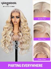 MEGALOOK 6x5 预剪蕾丝金色挑染波浪卷假发，100%真人发透明蕾丝闭合假发，30英寸长，巴西原生发，隐形蕾丝，适合新手女性佩戴 - 自然逼真，日常佩戴，适合办公室、僵尸新娘、万圣节、派对、Y2K 坏女孩、度假、户外角色扮演、校园、学校假期、圣诞节、派对、婚礼、节日等场合，真人发假发 - S10/613 - 查看 6