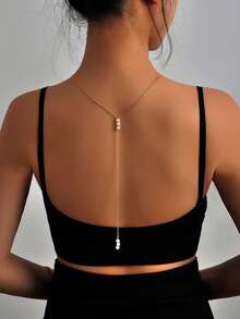 1pc Fashionable Faux Pearl Backless Chain, Suitable For Daily Wear - Pearl Back Necklace Gold - View 4