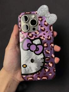 Sanrio 1pc Leopard Print KT Cat Rhinestone Bow Decor Case Compatible With IPhone 11/12/13/14/15/16/17/Pro Max - Purple - View 2