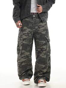 1件装 Justice Brother 街头迷彩多口袋宽松阔腿牛仔裤，男士休闲街头服饰 - 軍綠色 - 查看 1