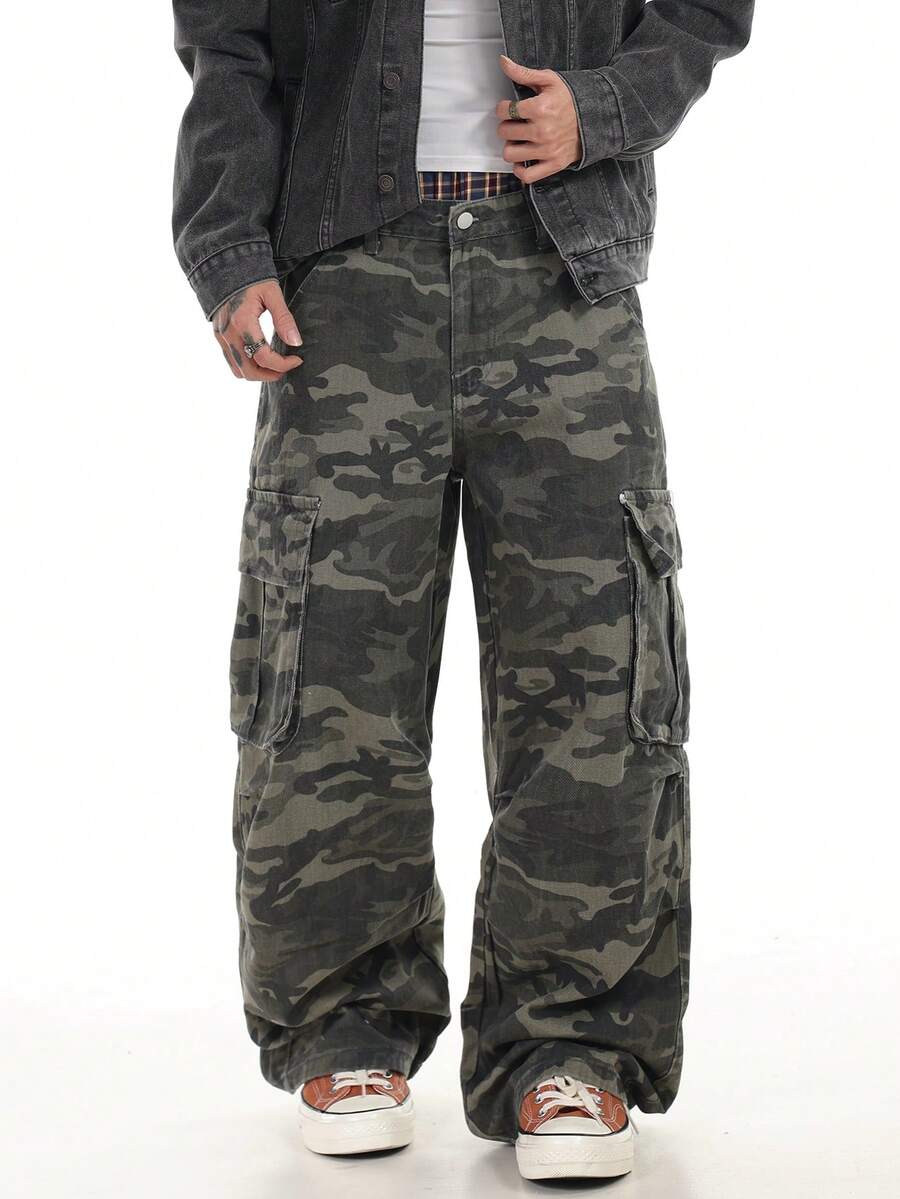 1件装 Justice Brother 街头迷彩多口袋宽松阔腿牛仔裤，男士休闲街头服饰 - 軍綠色 - 查看 1