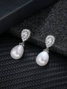 Teardrop Pearl Micro-Inlaid Zirconia Earrings, Luxurious Elegant Versatile Earrings For Women - Silver - View 4