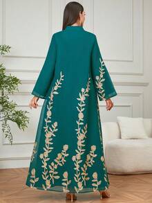Women's Middle Eastern Ramadan New V-Neck Leaf Sequin Embroidered Long Sleeve Kaftan Robe, Suitable For Parties, Daily Wear, And Dates - Green - View 5