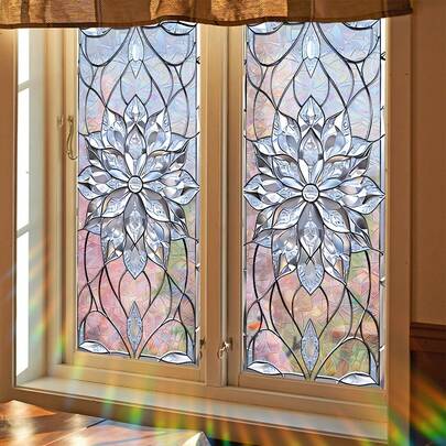 1/4/5pcs 3D Rainbow Window Privacy Film, Static Cling Floral Pattern Glass Sticker, UV Blocking Heat Insulation, Suitable For Home, Living Room, Bathroom, Office Decor