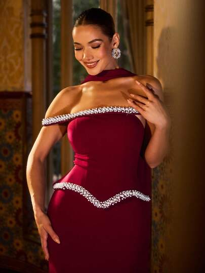 Faeriesty Women's's Elegnat Off-The-Shoulder Floor-Length Party Gown – Detachable Tie, Pearl & Diamond Embellishments, High Slit Back & Mermaid Peplum | Form-Fitting Silhouette For Formal Parties, Festivals & Versatile Styling,Valentine's Day,New Year's Eve