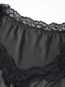 Womens Summer Satin Tops Lace Patchwork Short Puff Sleeves V-Neck Blouse With Adjustable Ribbon Ties - Black - View 7