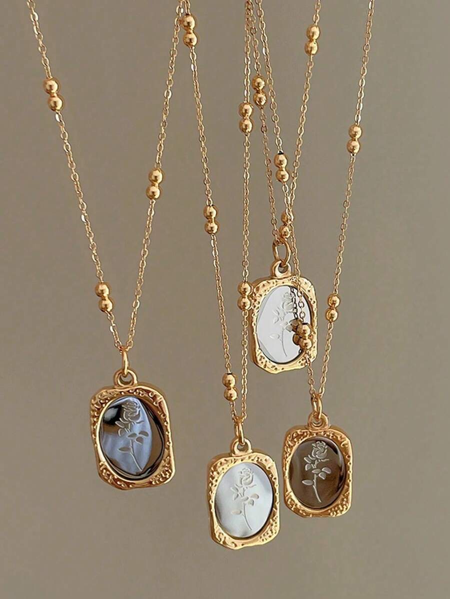 1pc 18K Gold Plated Stainless Steel Necklace With Engraved Floral Design, Vintage Style, Suitable For Women To Wear At Parties Or Everyday, Also An Excellent Valentine's Day Gift - Multicolor - View 1