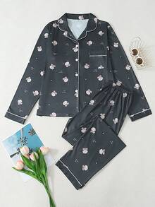 熊印花女士长袖睡衣套装