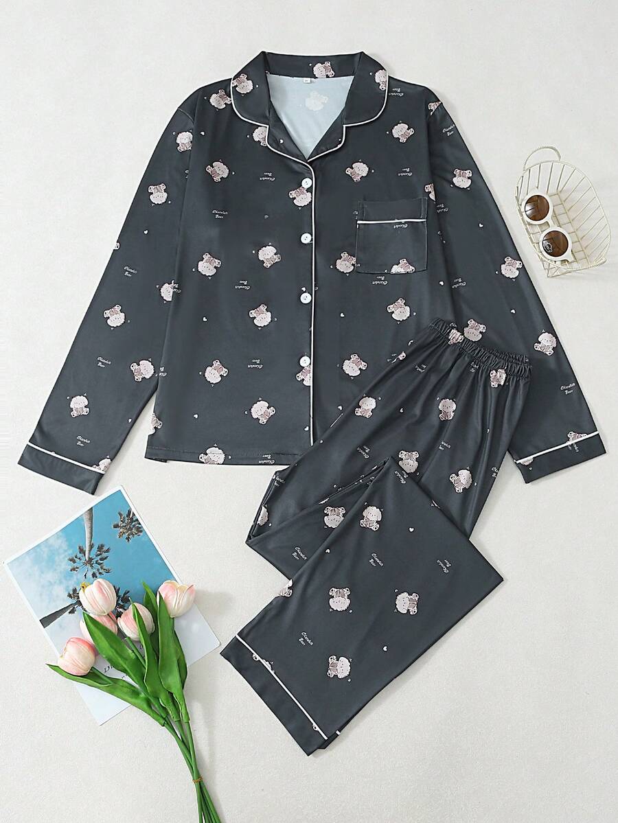 熊印花女士长袖睡衣套装