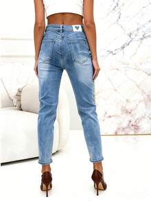 女士長褲 女用牛仔褲 MOM FIT 女褲MOM 愛心 皮帶扣 口袋 帶彈性 褲型 洗水 寬鬆 舒適簡帶鬆緊約時尚日常穿搭 秋季 冬季 - 藍 - 查看 4