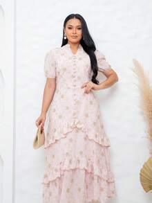 Vestido Feminino Maxi Bordado Aplicado Mangas Bufantes e Saia em Camadas Decote V Botões Falsos no  Busto Social Elegante Romântico e Perfeito - Rosa Bebê - Visão 10
