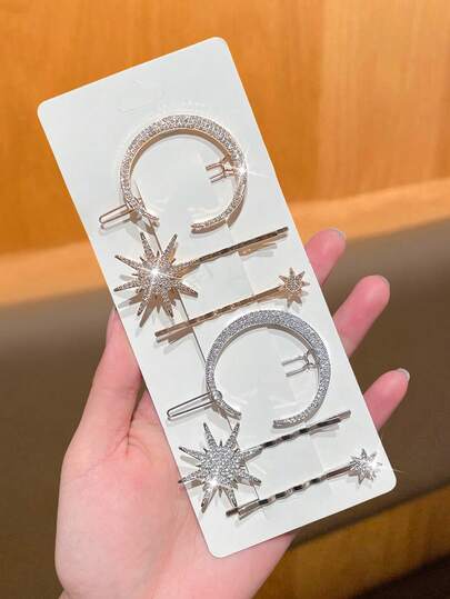 Elegant Rhinestone Embellished Crescent Moon & Star Hair Clips, Fashionable Accessories For Women, Suitable For Festivals, Parties And Formal Occasions, Claw Clips, Hair Slide, Hair Barrettes, Party, Head Accessories, Hairpin