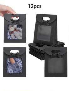 12个优雅黑色礼品袋，带透明窗口，纸质派对礼品袋，带提手和蝴蝶结，非常适合情人节、婚礼、新娘送礼会、生日、母亲节、单身派对等场合！ - 黑色 - 查看 5