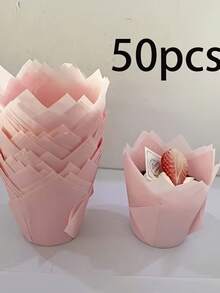 50个郁金香造型纸杯蛋糕托，耐热防油纸质蛋糕衬垫，烘焙纸杯蛋糕托，烘焙工具，厨房配件，适用于婚礼、生日、母亲节、情人节、复活节等节日 - 粉色 - 查看 9
