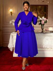 Plus Size Fall Clothes For Women Long Sleeve Blazer Dress V Neck Asymmetrical Peplum Tulle With Big Flower A-Line Tulle Swing Dresses For Party Wedding - 藍色 - 查看 4