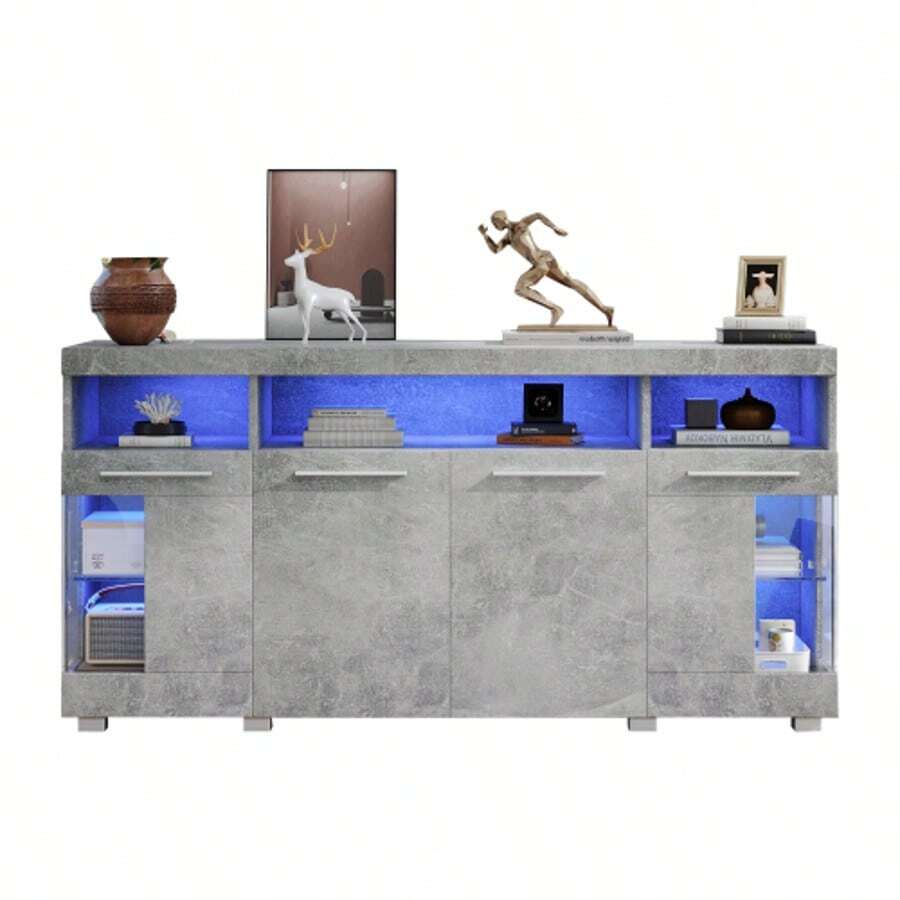 140*40*70cm Side Table, Living Room High-Gloss Side Cabinet With LED Light, Wide Sideboard, Tempered Glass Side Cabinet With 3 Compartments, White - Grey - View 1